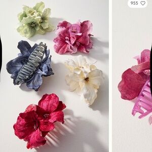 Two Anthropologie hair clips with faux flowers / pink and blue